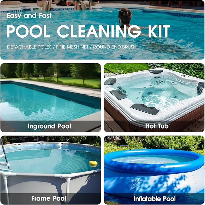 3PCS Cleaning Kit - 12.5'' Brush With Round End & 11'' Skimmer Net Fine Mesh & 5.7 Feet Thick Aluminum Pole 5-Segment, for Above Ground & Inground Pools Ponds
