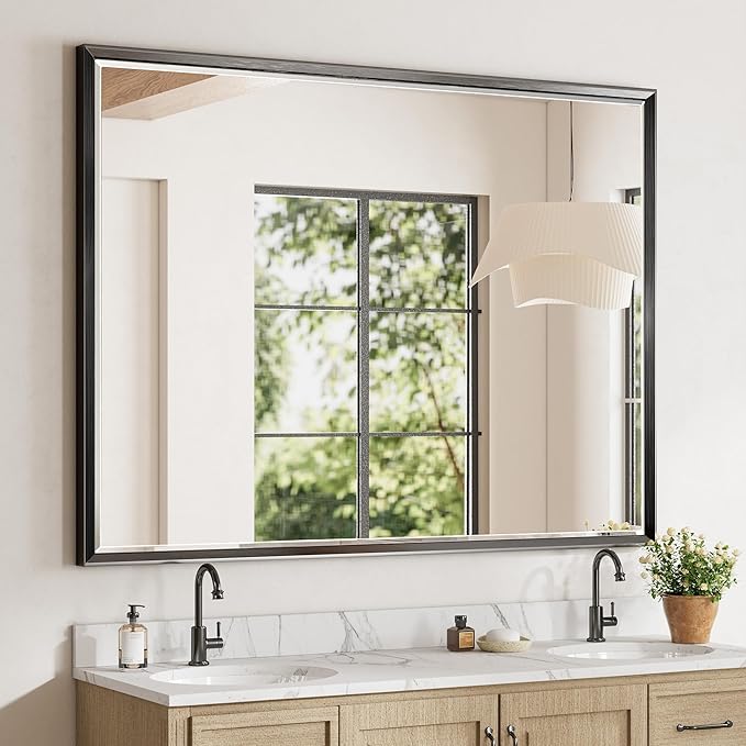 48 x 36 Black Framed Mirror for Bathroom, Beveled Black Bathroom Vanity Mirror