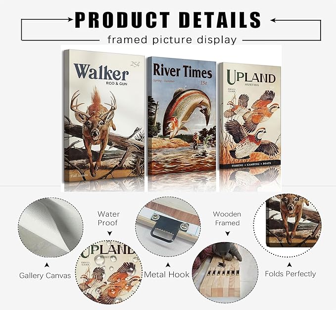 3Pcs Retro Hunting Canvas Wall Art Outdoorsy Wild Animal Wall Decor Pictures Nature Wilderness Deer Wild Duck Fishing Posters Prints Gift Send Hunter Dad For Farmhouse Living Room Bedroom Decoration