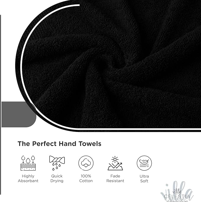 100% Cotton Hand Towel Set of 2, (16 x 28 inches) Sustainable, Soft, Highly Absorbent, Quick Drying, Combed Cotton Hand Towels Pack of 2 Ideal for Hotels, Spa, Bathroom, Dorm, Black