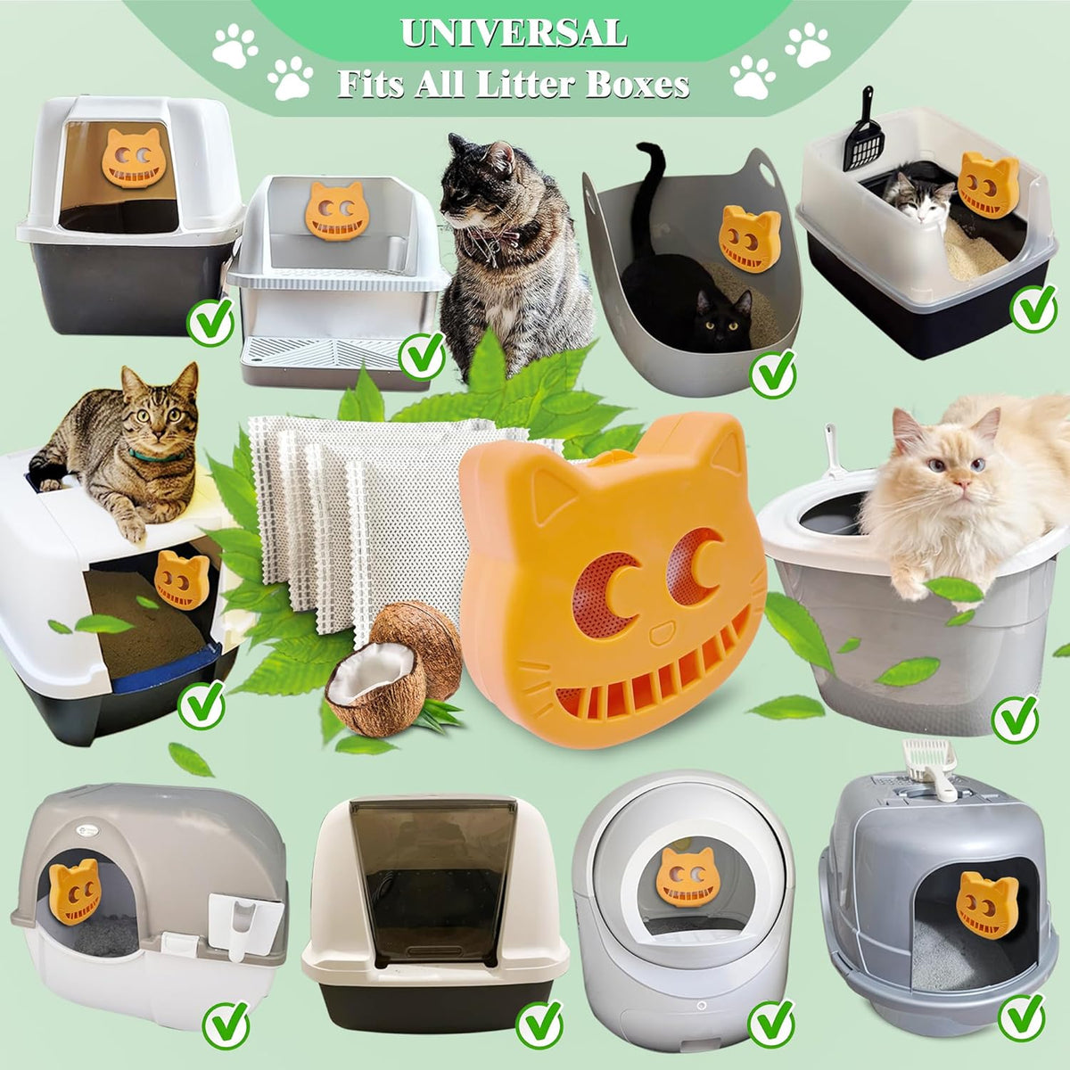 Unscented Cat Litter Box Deodorizer Kit Stick-On Activated Carbon Odor Eliminators Compatible with most manual and automatic litter boxes (4 Refills+ 1 Box) (Orange, Unscented)