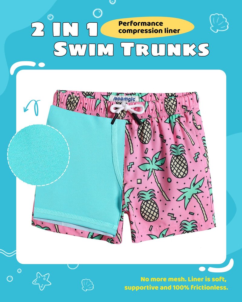 maamgic Boys Swim Trunks with Compression Liner Toddler Stretch Swim Shorts Quick Dry Swimming Trunks Boxer Brief 2 in 1 Beach Shorts Rose Coconut 2T
