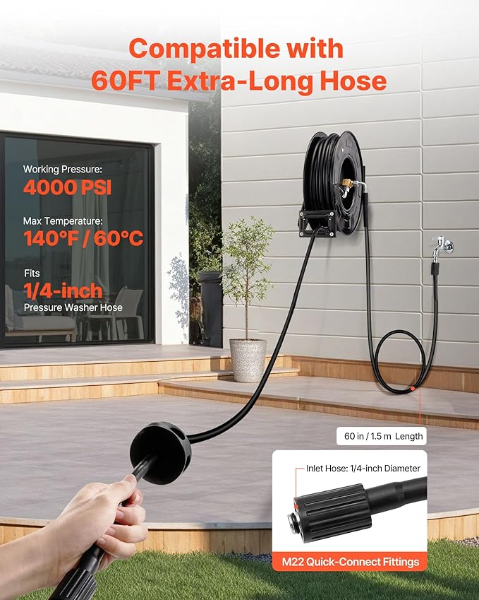 VEVOR Pressure Washer Hose Reel, 60 ft x 1/4 inch Retractable Power Heavy-Duty Steel Washer Hose Reel, 4000PSI Max, Auto-Rewinding, Flexible Wall/Floor Mounted for Car Washing,Garden,Floor Cleaning