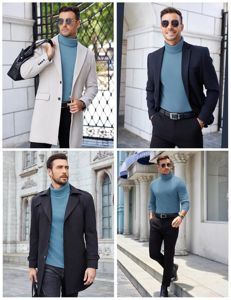 COOFANDY Men's Ribbed Turtleneck Sweater Casual Basic Long Sleeve Knitted Pullover Sweater Dark Blue