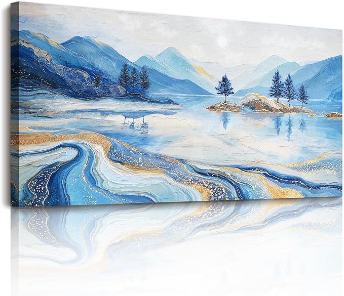 SERIMINO Extra Large Wall Art, Blue Wall Art, Mountain Wall Decor, Abstract Lake Landscape Prints Decoration, Modern Nature Aesthetic Pictures for Living Room Bedroom Dining Room Hotel House 29"x57"