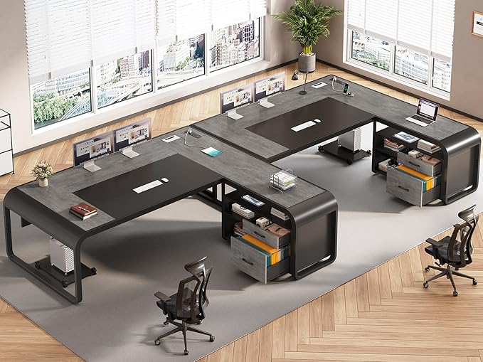 SEDETA 61 Inch Executive Desk, Large Office Desk with File Drawer, L Shaped Desk with Drawers, Computer Desk with Mobile CPU Stand, Storage Shelves, Power Outlets for Home Office, Gray
