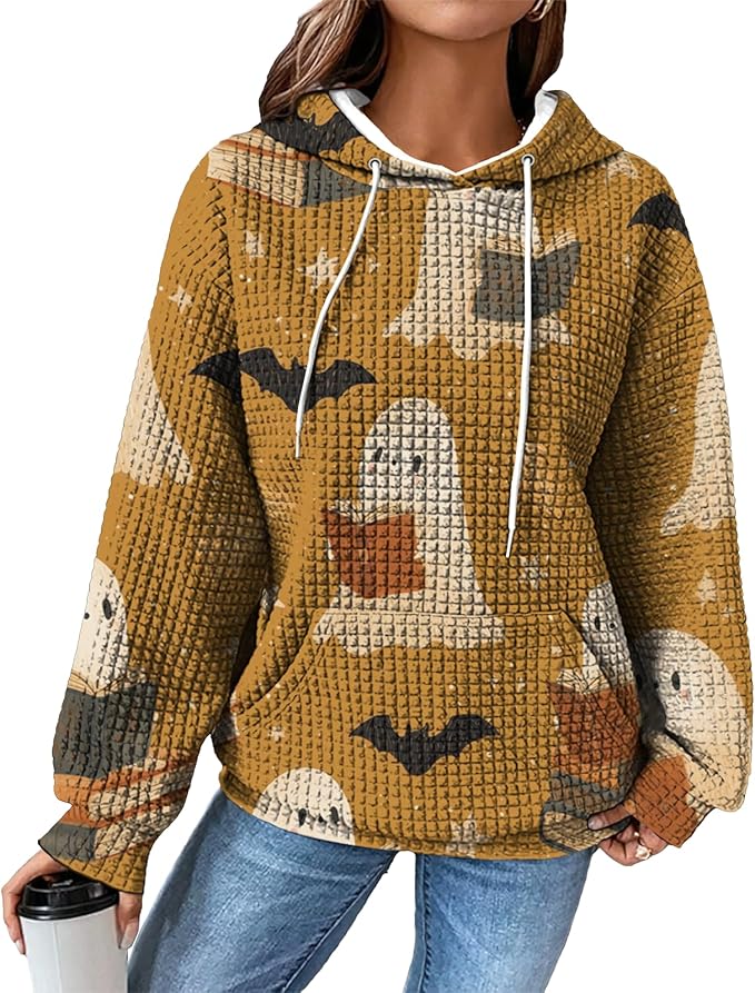 Halloween Sweatshirts for Women Novelty Graphic Drawstring Waffle Hoodies Loose Casual Pullover Tops with Pocket
