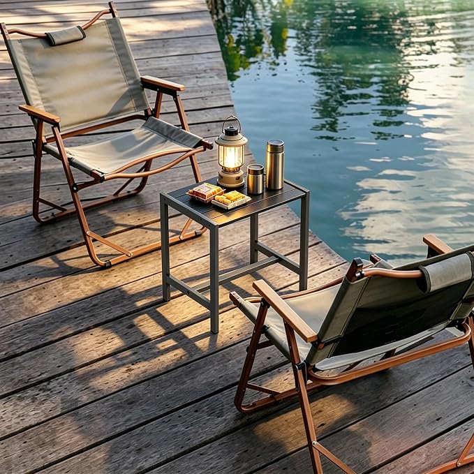 Small Outdoor Table Black Patio Side Table with Storage, Square Metal Porch End Table, Weather Resistant Adirondack Side Table for Pool, Balcony and Backyard