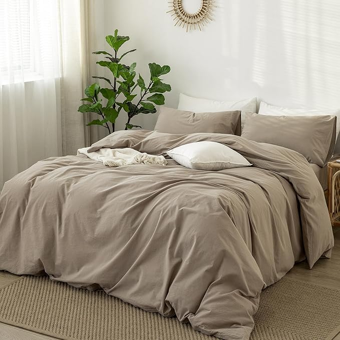 MooMee Bedding Duvet Cover Set 100% Washed Cotton Linen Like Textured Breathable Durable Soft Comfy (Solid Mocha Brown, Cal King 104"x98")