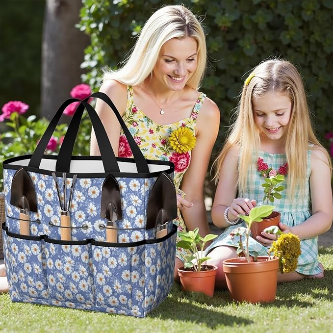 Daisy Flowers Garden Tool Bag - Waterproof Garden Tote with 8 Pockets, Large Storage Home Organizer Gardening Tool Oxford Bag for Garden Tools Kits Holder, Ideal Outdoor Gardening Gift for Women & Men