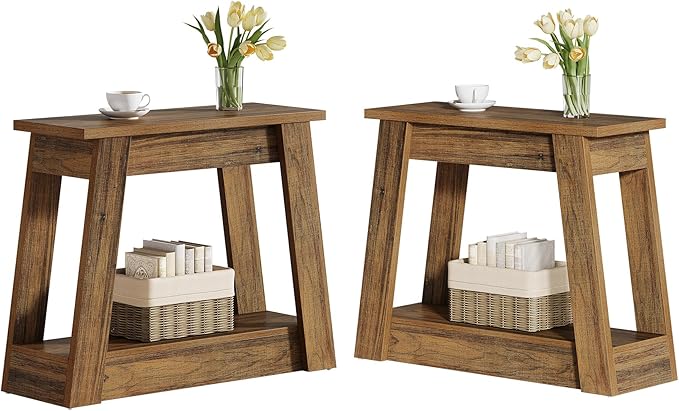 Tribesigns Wood End Table, Small Side Table with 2 Storage Shelves, Rustic Accent Narrow Nightstand for Living Room, Bedroom (2, Rustic Brown)