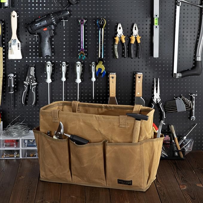 Denifiter Heavy-Duty 16-oz Waxed Canvas Tool Bag with Metal Frame - Collapsible Organizer Tote Bag(Khaki | 15.5"x7.5"x10.5")