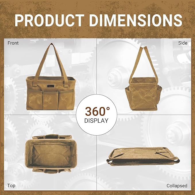 Durable 16OZ Waxed Canvas Tool Bag with Metal Frame, 13.5 Inch Large Collapsible Storage Tool Tote(Khaki | 13.5 X 7.8 X 7.8in)