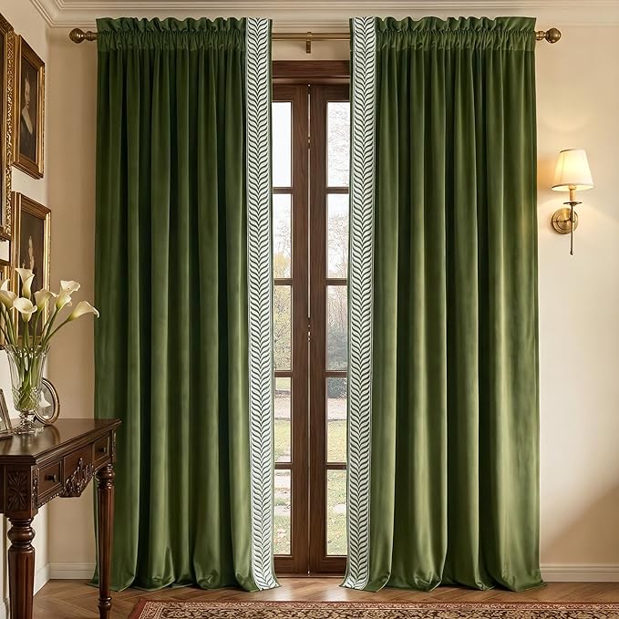 NICETOWN Rod Pocket Embroidered Trim Velvet Curtains, 2 Panels, Olive Green