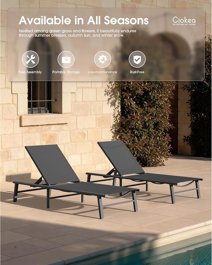 Ciokea Foldable Outdoor Lounge Chair, No Assembly Patio Chaise Lounge Outdoor with 5-Positions, Aluminum Pool Lounge Chair with Portable Design for Pool, Beach, Deck, Backyard, Grey