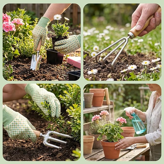 Garden Tool Set, Garden Tools 9-Piece Heavy Duty with Durable Tote Bag, Ergonomic Gardening Tools, Ideal Gardening Gifts for Women, Rust-Resistant Gardening Kit