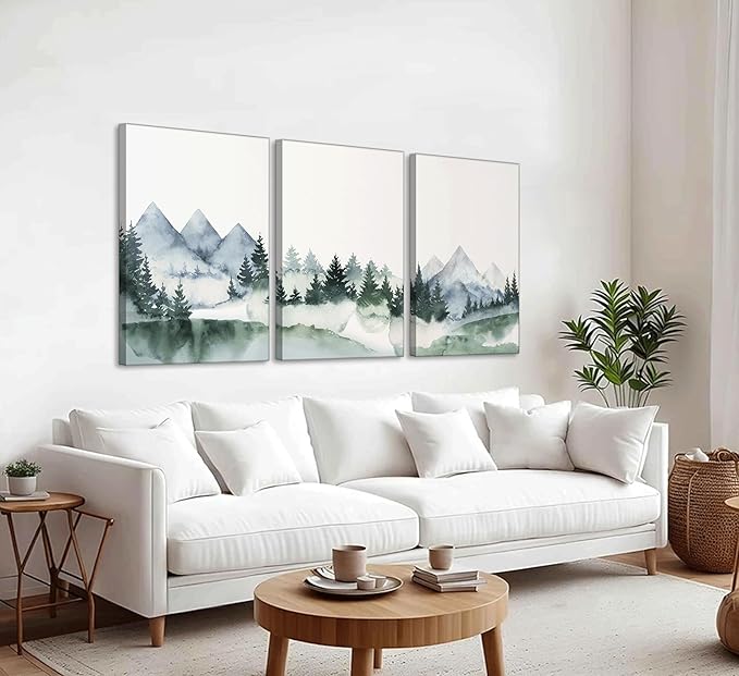 3 Pcs Modern Mountains Canvas Wall Art Green Watercolor Misty Pine Forest Nature Minimalism Abstract Landscape Painting Picture Wall Decor Poster Print Artwork for Living Room Bedroom Office