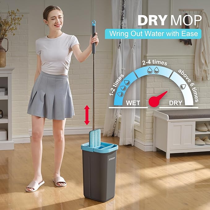JOYMOOP Mop and Bucket Set with Wringer, with 5 Reusable Microfiber Mop Pads, Mops for Floor Cleaning and Wall Cleaning, Hands-Free Flat Mop for Home Use - Grey+Cyan Blue