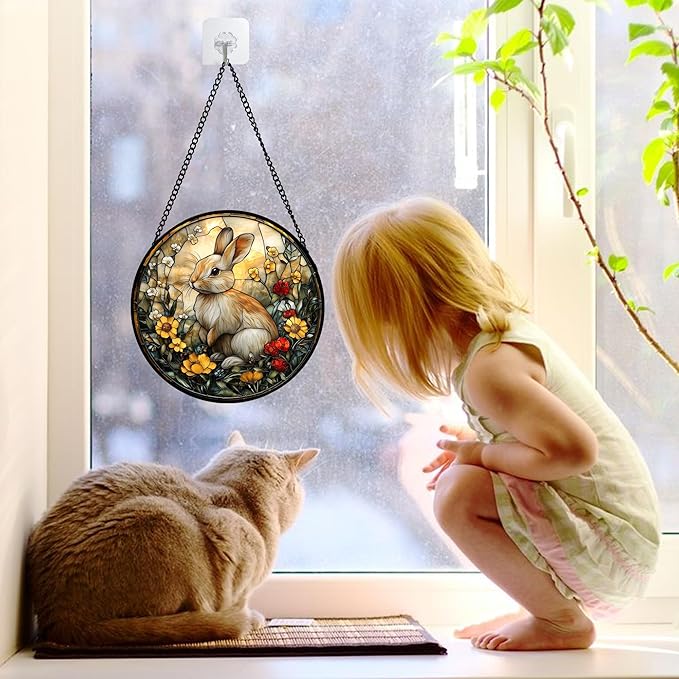 Stained Glass Window Hanging - Rabbit Flowers Suncatcher Ready to Hang Window Doors Home Decoration, Easter, Mother's Day Birthday Gifts for Women, Men, and Mom 6.3x6.3 in