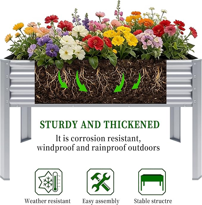 2Pcs Galvanized Raised Garden Bed with Legs, 48×24×32in Large Metal Elevated Raised Planter Box with Drainage Holes for Backyard, Patio, Balcony, 400lb Capacity,Sliver