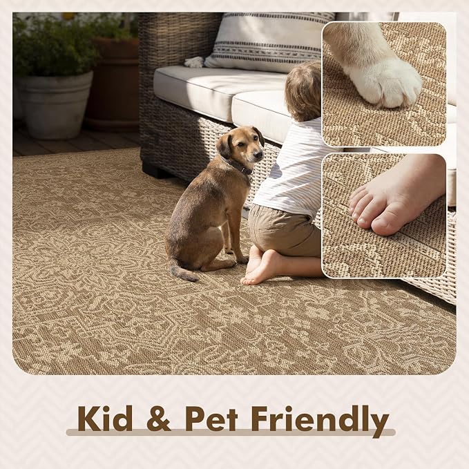 MontVoo-Outdoor Rug-Patio Rug 9x12 ft Polypropylene Indoor Outdoor Rugs Carpet for Patio Deck Balcony Porch, Textured Weave, Durable for High Traffic, Fade-Resistant, Vintage Medallion Neutral Brown