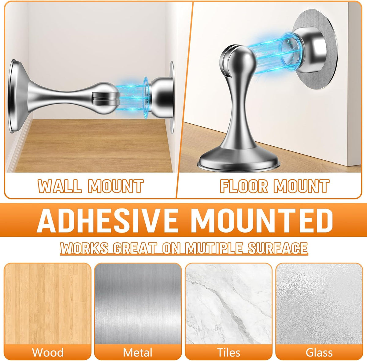 Crosize Magnetic Door Stoppers 4 Pack, Stainless Steel Door Catch for Wall and Floor Mounting, Door Holder Keep Door Open, No Drilling Door Stop with Adhesive Tapes, Silver