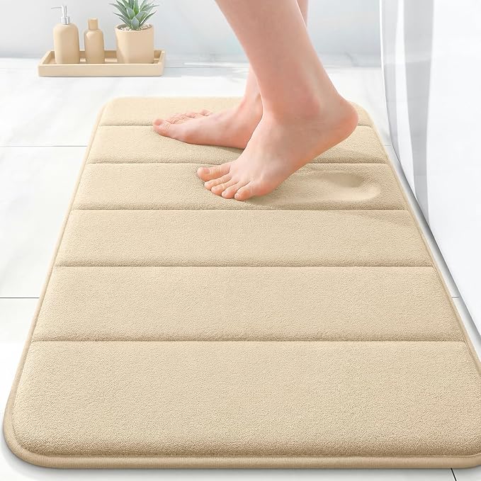 OLANLY Memory Foam Bath Mat 24x16, Super Soft Absorbent Bathroom Rugs, Quick Dry, Machine Washable Shower Floor Rugs, Bathmat Carpet, Bathroom Home Decor Accessories, Beige