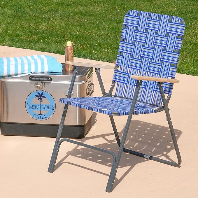 Garden Elements Folding Patio & Lawn Chairs – Steel Frame with Blue Woven Fabric and Wooden Armrests, Comfortable Full-Size Outdoor Chairs for Backyard, Camping, or Events (Pack of 2)
