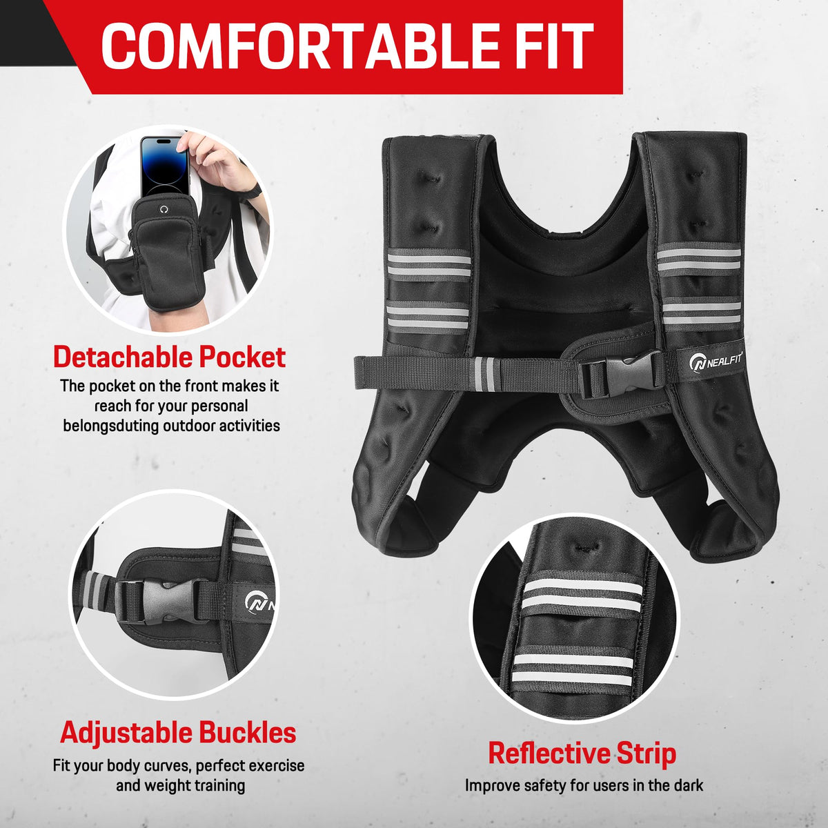 NEALFIT Weighted Vest for Men & Women, 5lbs/10lbs/15lbs/20lbs Weight Vest, Perfect for Running, Walking, Fitness, and Strength Training (Black, 10 lb)
