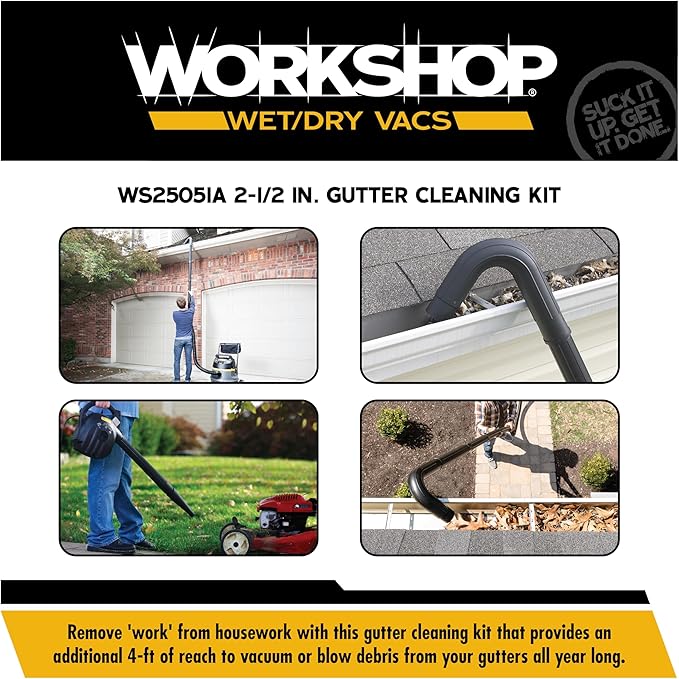 WORKSHOP Wet/Dry Vacs Shop Vacuum Accessories WS25051A Gutter Cleaning Kit for Wet Dry Vacuum Cleaners, 2-1/2-inch Vac Attachments Designed For Cleaning and Blowing Debris from Gutters