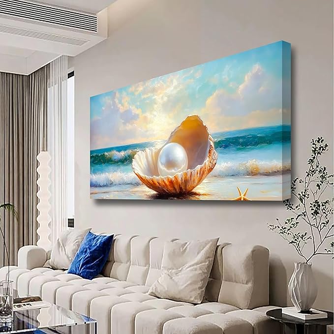 Seashells Pearls Pictures Canvas Wall Art Living Room Office Bedroom Wall Decor Sea Landscape Wall Art Prints Modern Blue and White Landscape Artwork Waterproof Ready to Hang - 20x40 inches