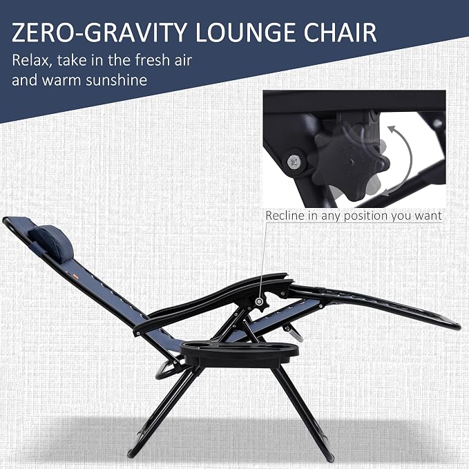 Outsunny Zero Gravity Chair Set with Side Table, Folding Reclining Chair with Cupholders & Pillows, Adjustable Lounge Chairs for Pool, Backyard, Lawn, Beach, Blue