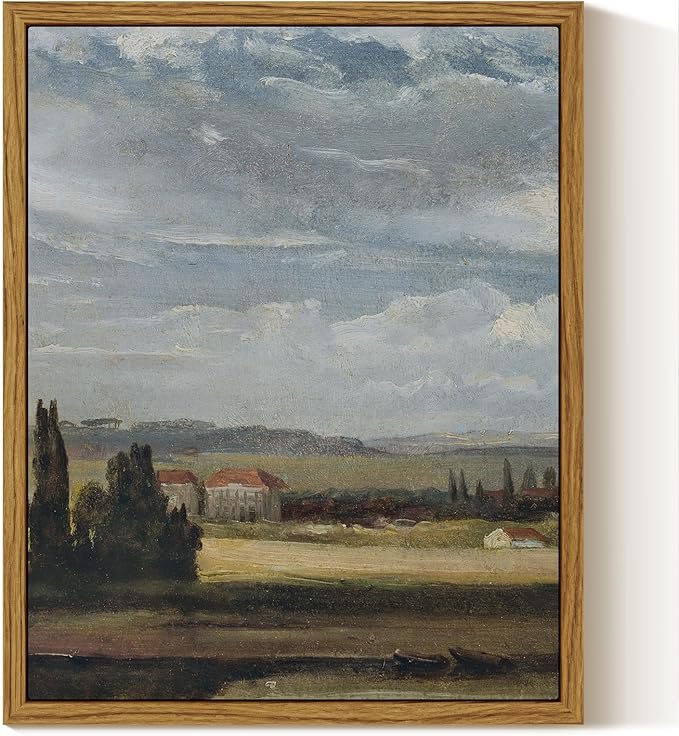 InSimSea Framed Canvas Wall Art, Vintage Landscape Painting, Rustic Nature Scenery Decor for Living Room Shelf Hallway,10x8in, Blue Tones