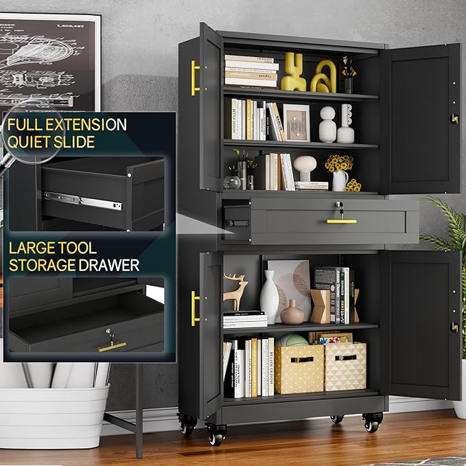 Metal Tall Storage Cabinet with Drawer, Garage Storage Cabinet with Locking Doors and 3 Adjustable Shelves, 71" H Steel Cabinets for Garage, Home, Office, Black, Assembly Required
