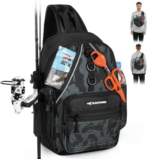 KastKing Karryall Sling Tackle Bag–Fishing Sling Pack,Fishing Backpack With Rod Holder,MOLLE System,Soft Bait & Gear Storage