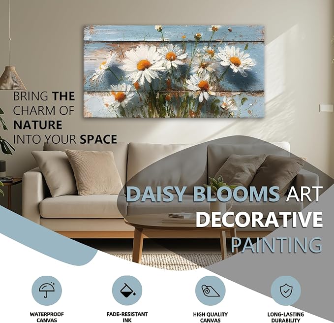 JLXART White Daisy Flowers Large Wall Art 30x58inch Canvas Decor Watercolor Floral Prints on Wood Background Pictures for Kitchen Bathroom Home