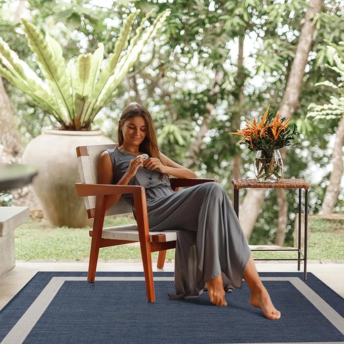 CAMILSON Outdoor Rug 6x9, Modern Outside Rugs for Patios Porches Waterproof Durable Washable Non-Shedding, Easy-to-Clean Indoor Outdoor Area Carpet (6 x 9, Bordered - Blue/White)