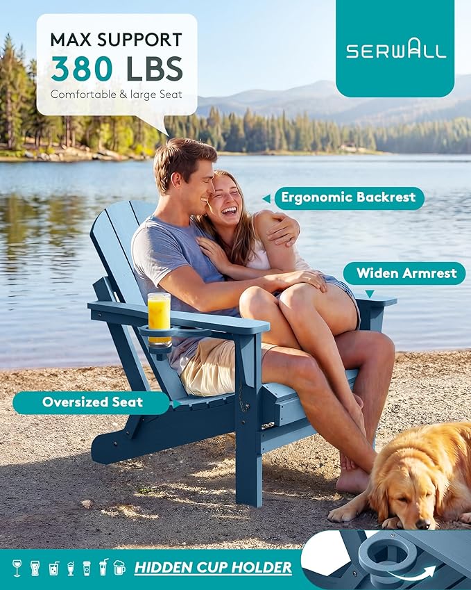 SERWALL Folding Adirondack Chair Outdoor Adirondack Chairs with Cup Holder, Weather Resistant Fire Pit Chairs for Patio - Blue