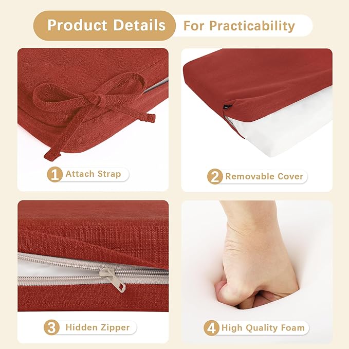 Favoyard Outdoor Bench Cushion 48 x 16 Inch Rainproof Patio Furniture Cushions 3-Year Color Fastness Garden Settee Porch Pads with Ties, Red