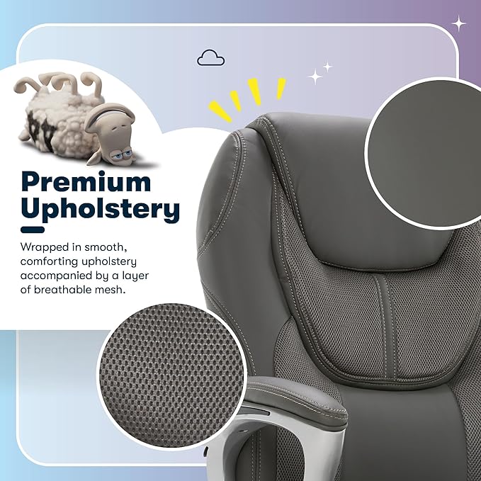 Serta Amplify Executive Office Chair with Faux Leather and Mesh, Adjustable Ergonomic Comfy Seat with Lumbar Support, Modern Computer DeskChairs, Swivel Rolling Wheels, Duo Gray