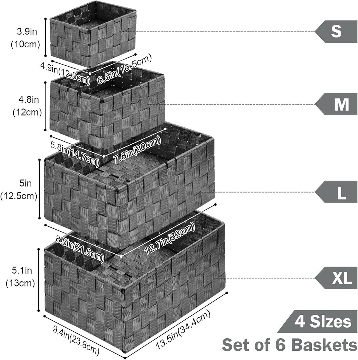 Woven Storage Baskets, Storage Bins, Cube Basket Container Baskets Storage Boxes Organizers for Clothes /Shelves/ Closet, Set of 6 (Grey)