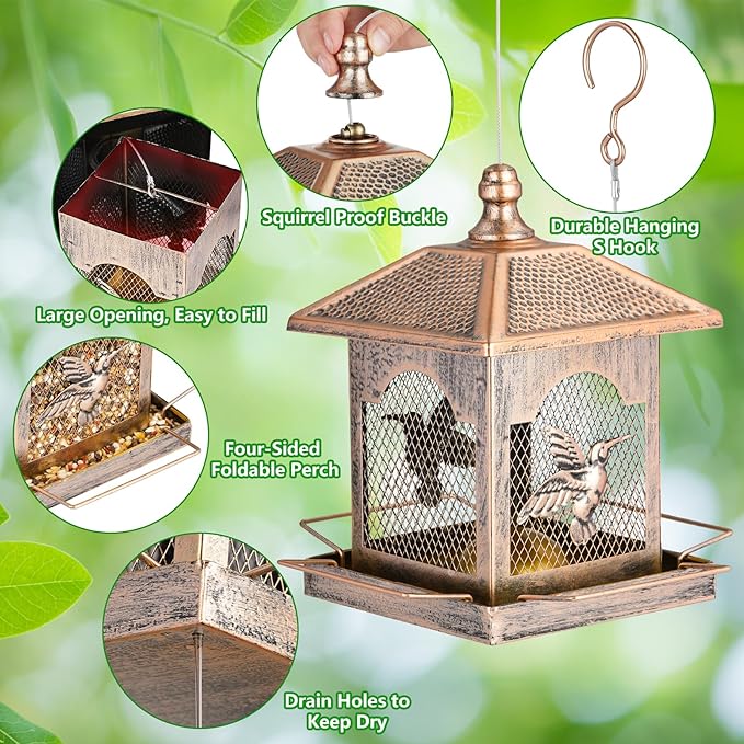 LBTING Bird Feeder for Outside, Metal Square Lantern-Shaped Bird Feeder with Polka Dot Patterned Roof, Wild Bird Feeders for Hanging Outdoor Garden Yard