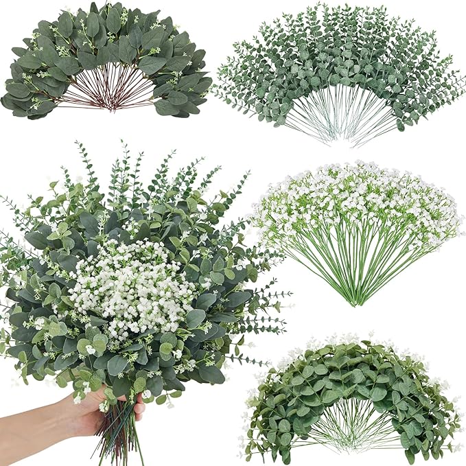 240 Pcs 4 Kinds Mixed Faux Eucalyptus Stems, Baby Breath Flowers Artificial Bulk with Greenery Stems for DIY Bouquets Wedding Home Floral Greenery Decor