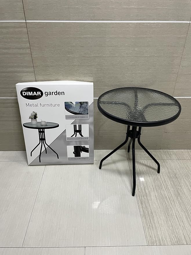 DIMAR GARDEN 24" Outdoor Side Table Patio Metal Round Bistro Coffee Table with Glass Top,Black