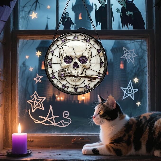 Stained Glass Window Hanging - Halloween Scary Skull Suncatcher for Doors Garden Home Spooky Purple Skeleton Key Sun Catchers Gothic Decor Horror Gifts for Women Men Friend Boy Girl 15 in