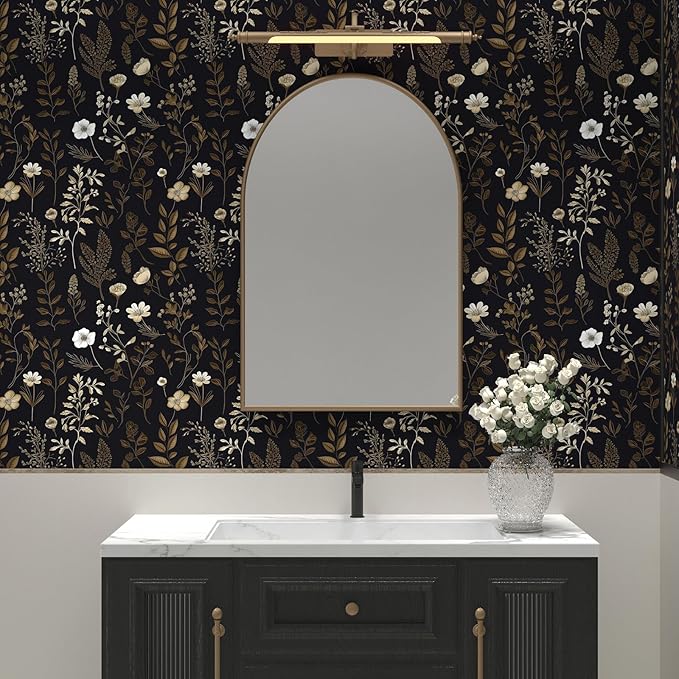 Extra Long Moody Floral Wallpaper Peel and Stick, 17.5In x 393In Black Dark