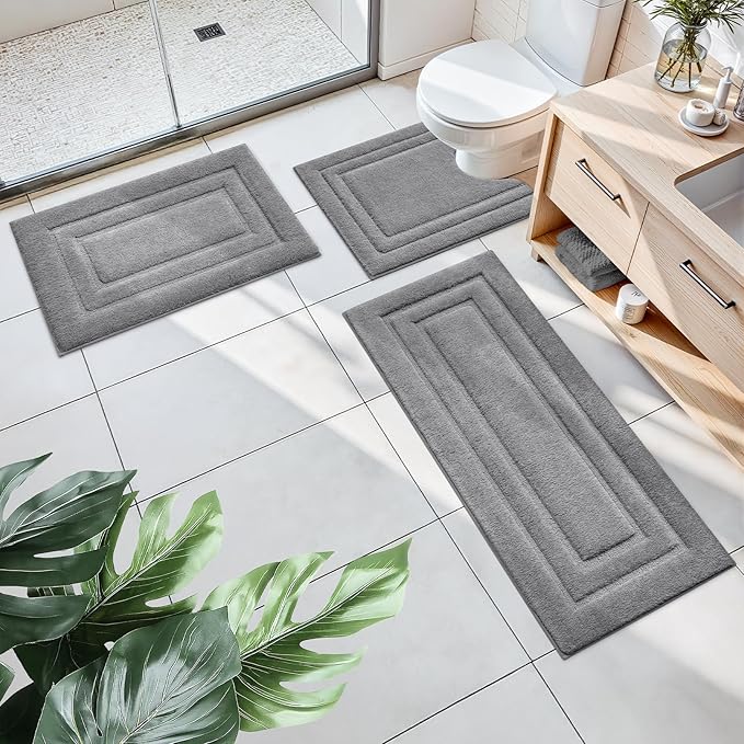 HOMEIDEAS Bathroom Rugs Sets 3 Piece, Microfiber Shaggy Bath Mat Set, Non-Slip Ultra Soft Carpet Mats, Large Rugs with U-Shaped Toilet for Bathroom, Tub, Shower, Grey