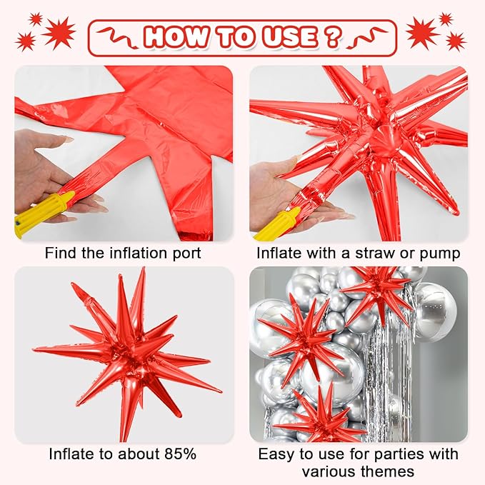 Red Blue Silver Star Balloons,9Pcs 22Inch Blue Red Silver Explosion Spike Cone Helium Star Foil Balloons for 4th of July Independence Birthday Anniversary Usa Patriotic Party Decorations