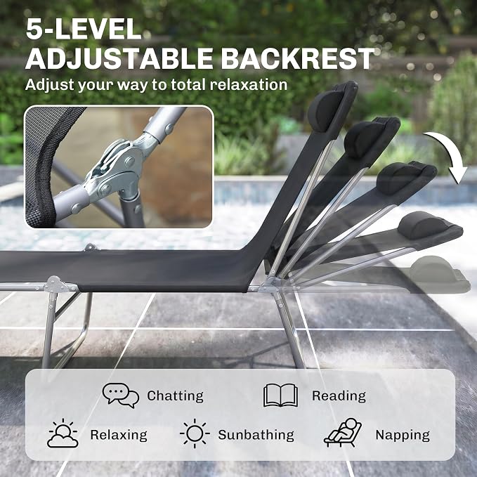 Outsunny Folding Chaise Lounge Outdoor Sun Tanning Chair w/Pillow, Black | Sun Tanning Chair for Outside, Breathable Mesh Seat, Headrest, Pool, Beach, Yard, Patio