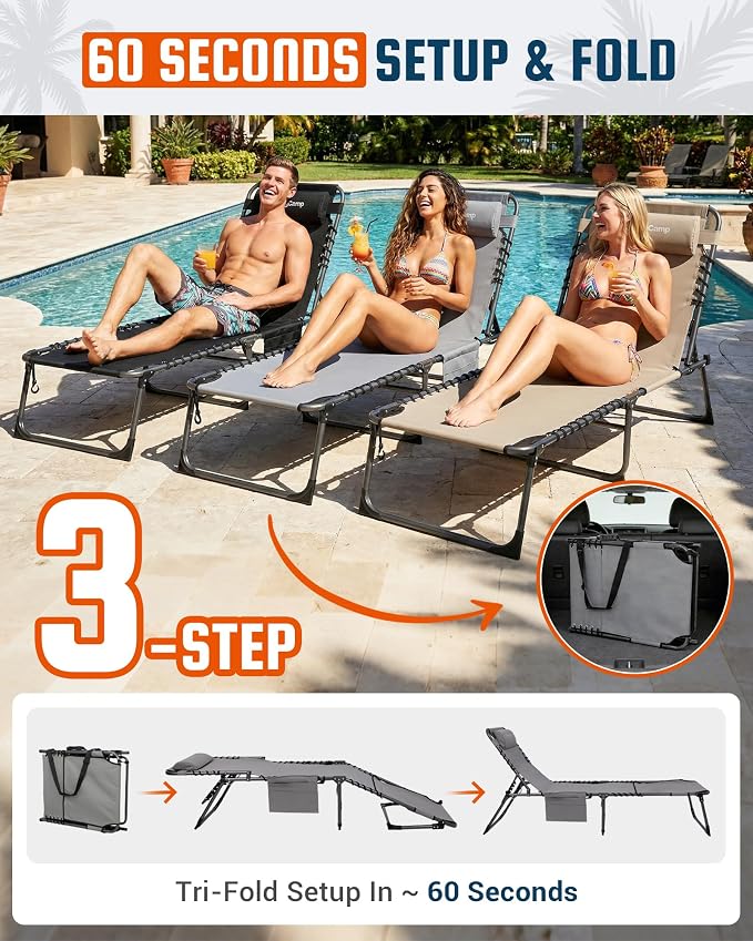 KingCamp Lounge Chair Outdoor,400LBS Tanning Chairs for Outside,Adjustable 5-Position Patio Lounge Chair Sunbathing Chase Lounge Chair Outdoor for Outside Beach Patio Sun Bathing Pool Backyard